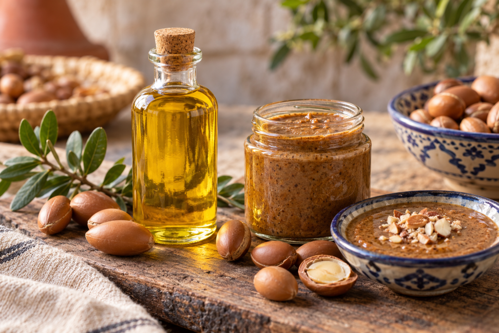 Argan oil and amlou products with labels