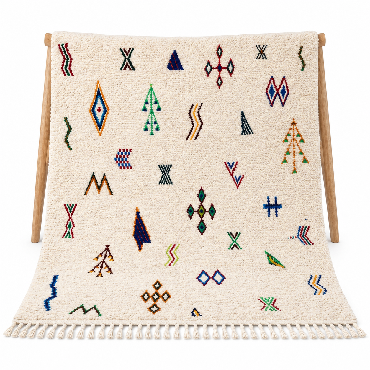 Amazigh Beni Ourain Berber Wool Rug with Colorful Symbols