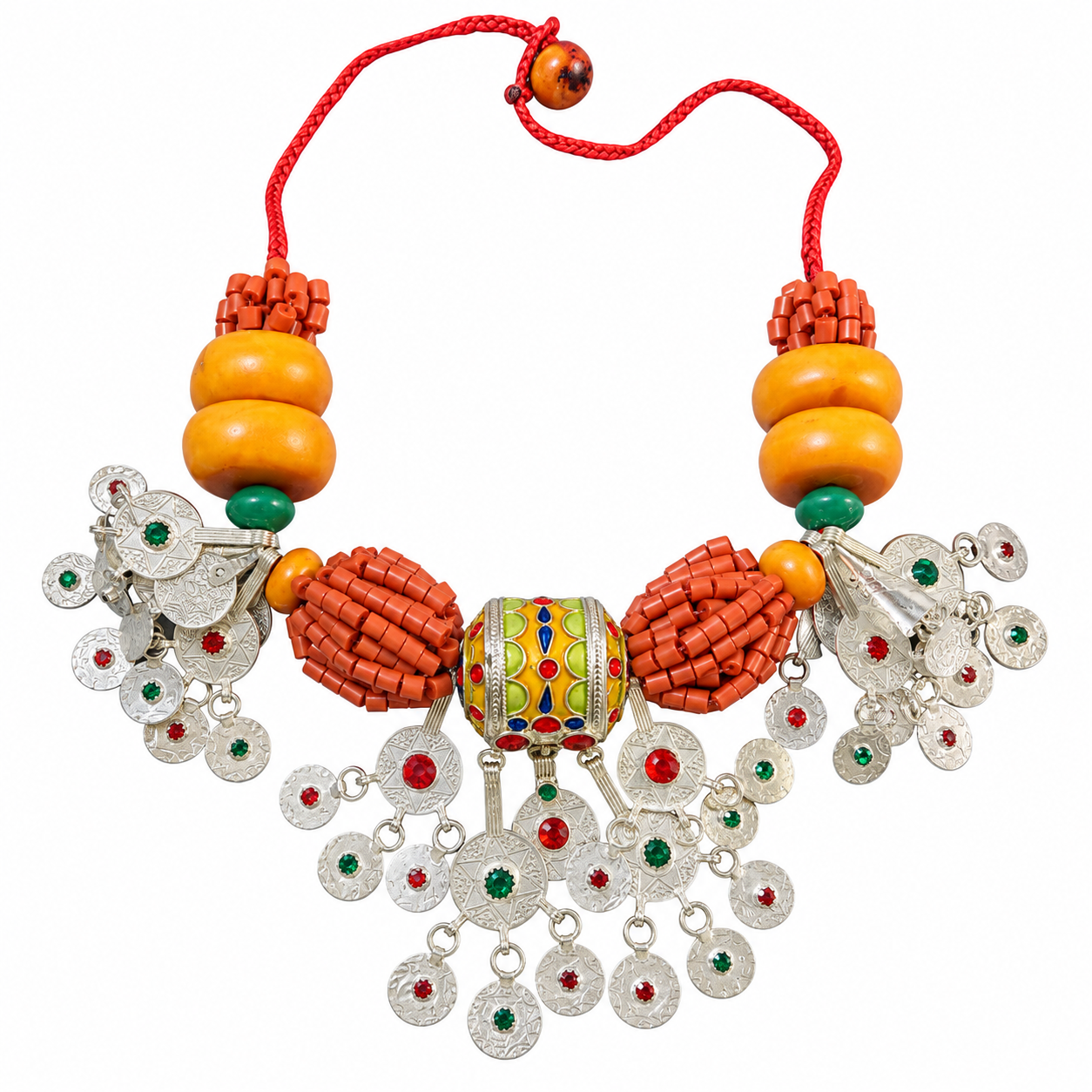 Amazigh Berber Amber Coral Tribal Silver Statement Necklace