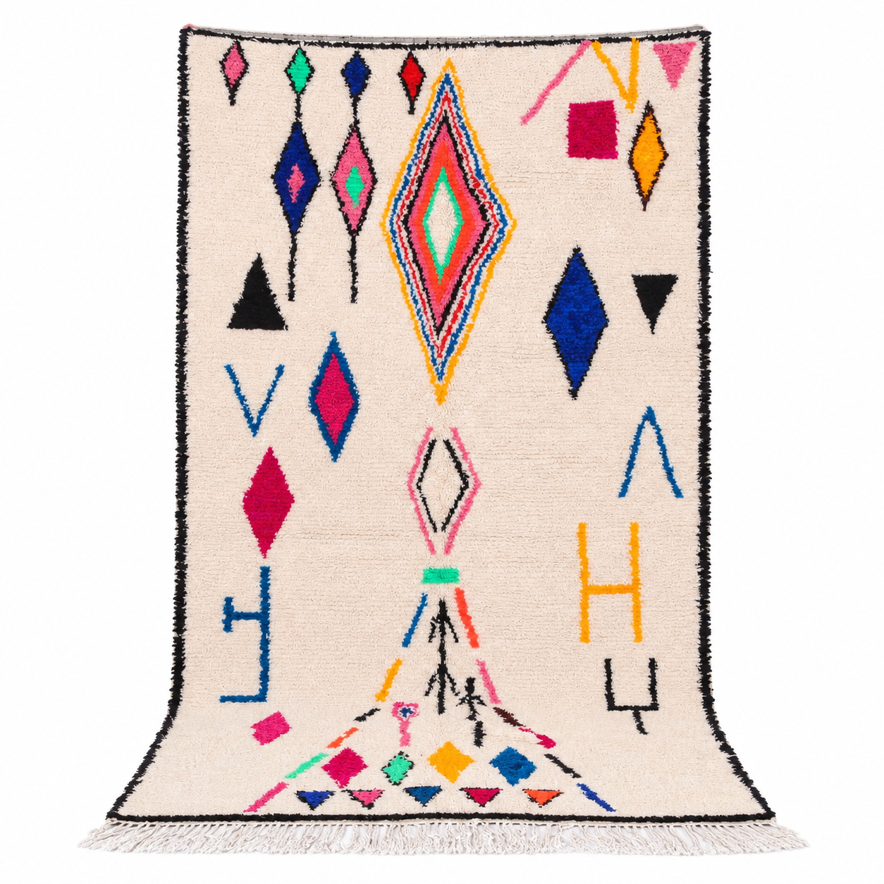 Amazigh Berber Azilal Beni Ourain Colorful Wool Rug with Symbols