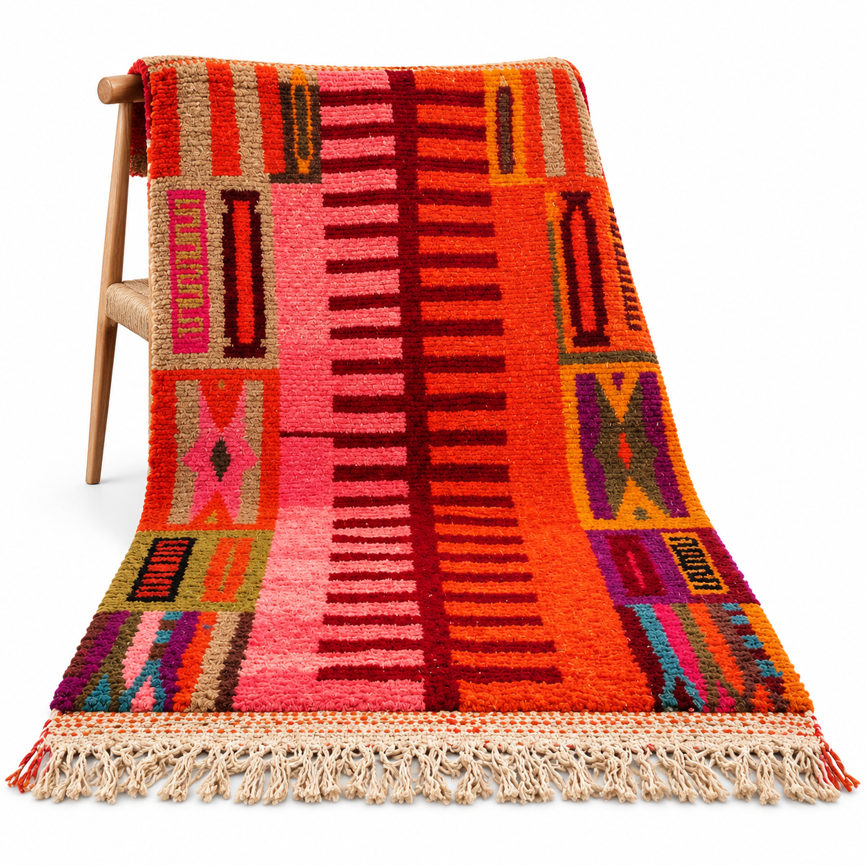 Amazigh Berber Beni Ourain Orange Geometric Wool Rug Modern Style
