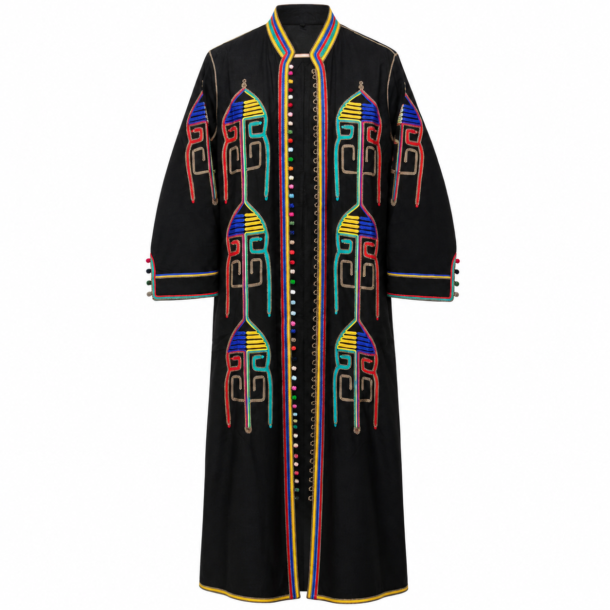 Amazigh Berber Black Kaftan Coat with Rainbow Embroidery