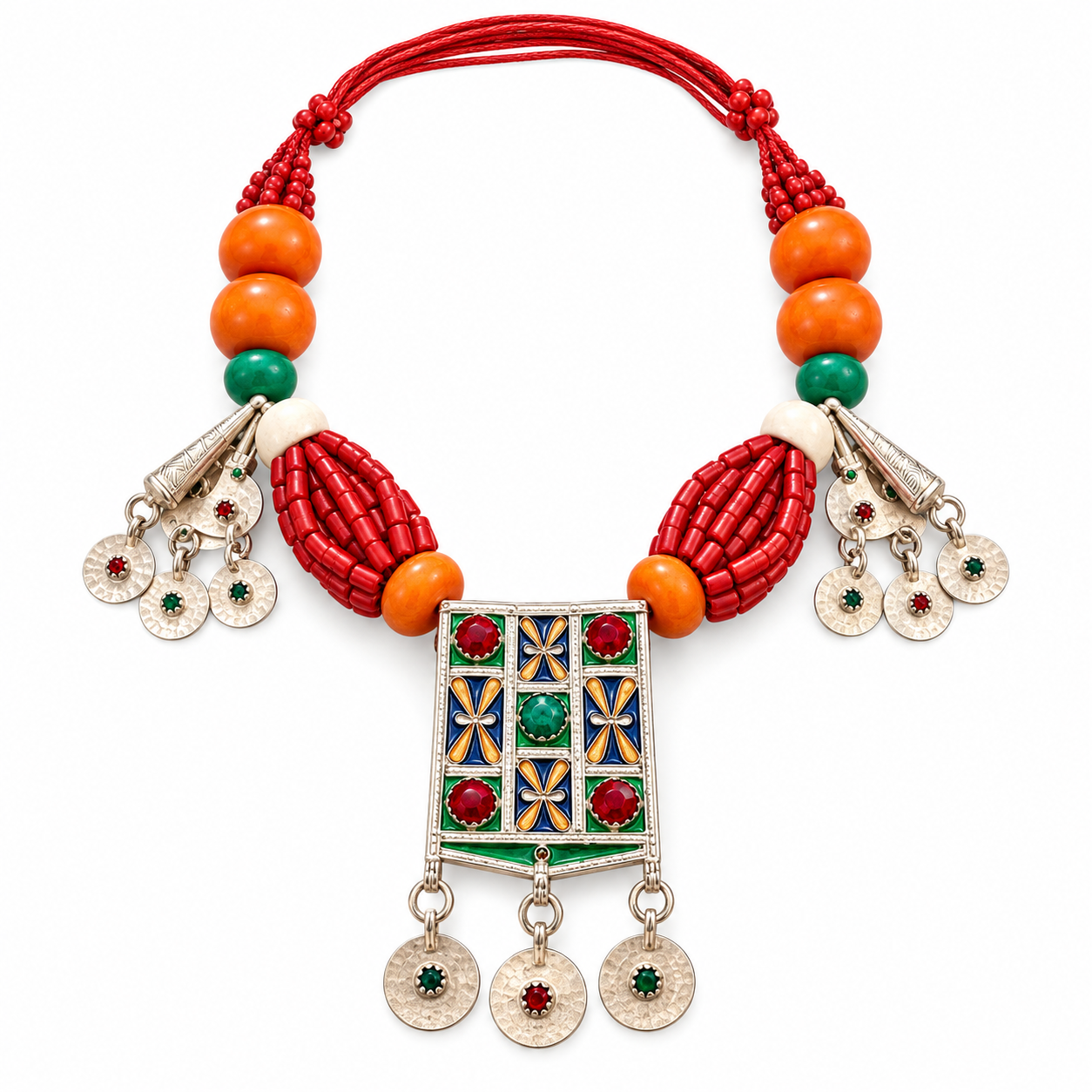 Amazigh Berber Colorful Necklace with Metal Pendant Jewelry