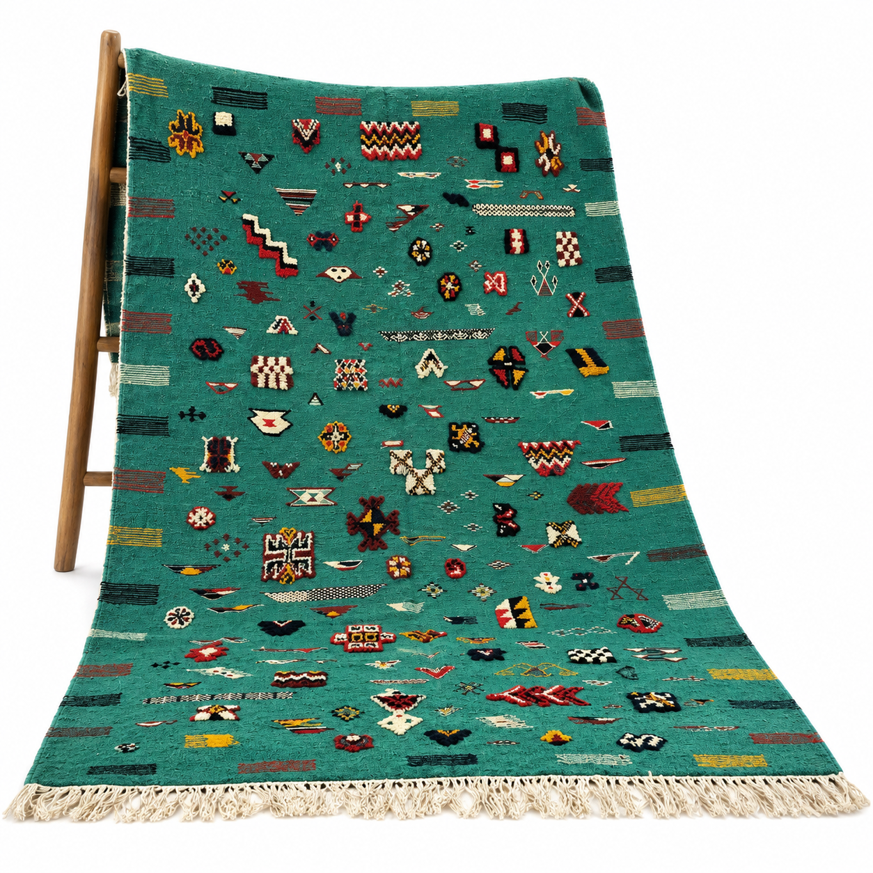 Amazigh Berber Colorful Teal Wool Rug with Tribal Symbols
