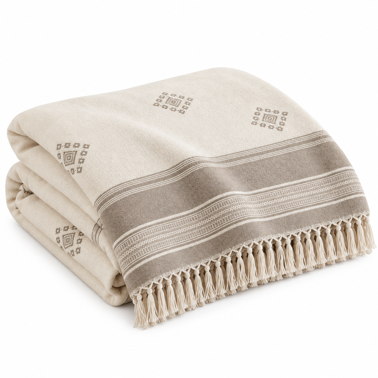 Amazigh Berber Cotton Blanket Taupe Throw with Fringe Bedspread