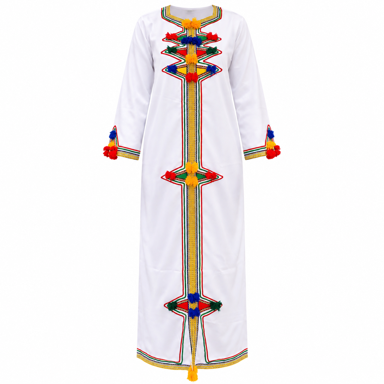 Amazigh Berber Embroidered Kaftan with Geometric Embroidery and Colorful Tassels