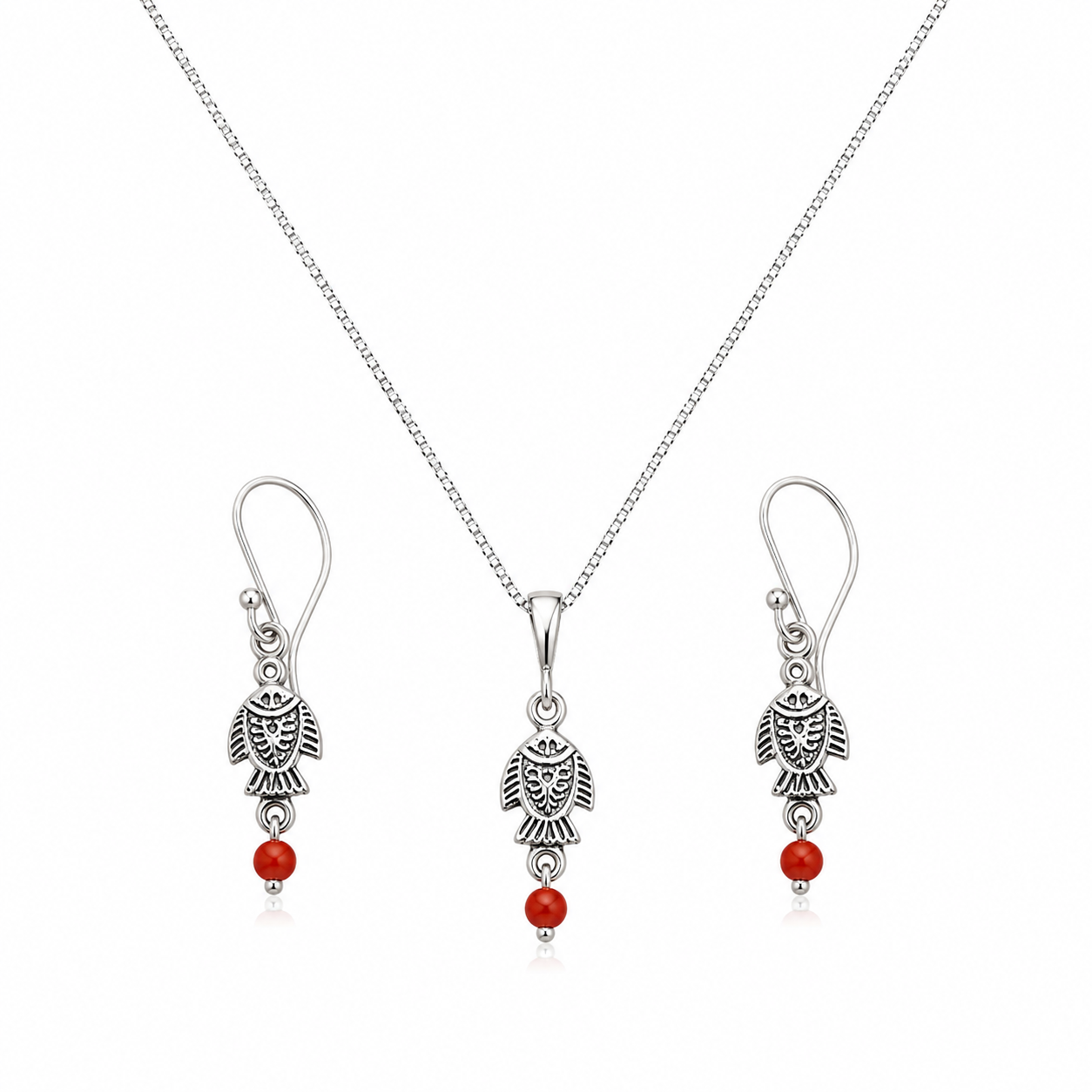 Amazigh Berber Fish Jewelry Set with Necklace Earrings Coral