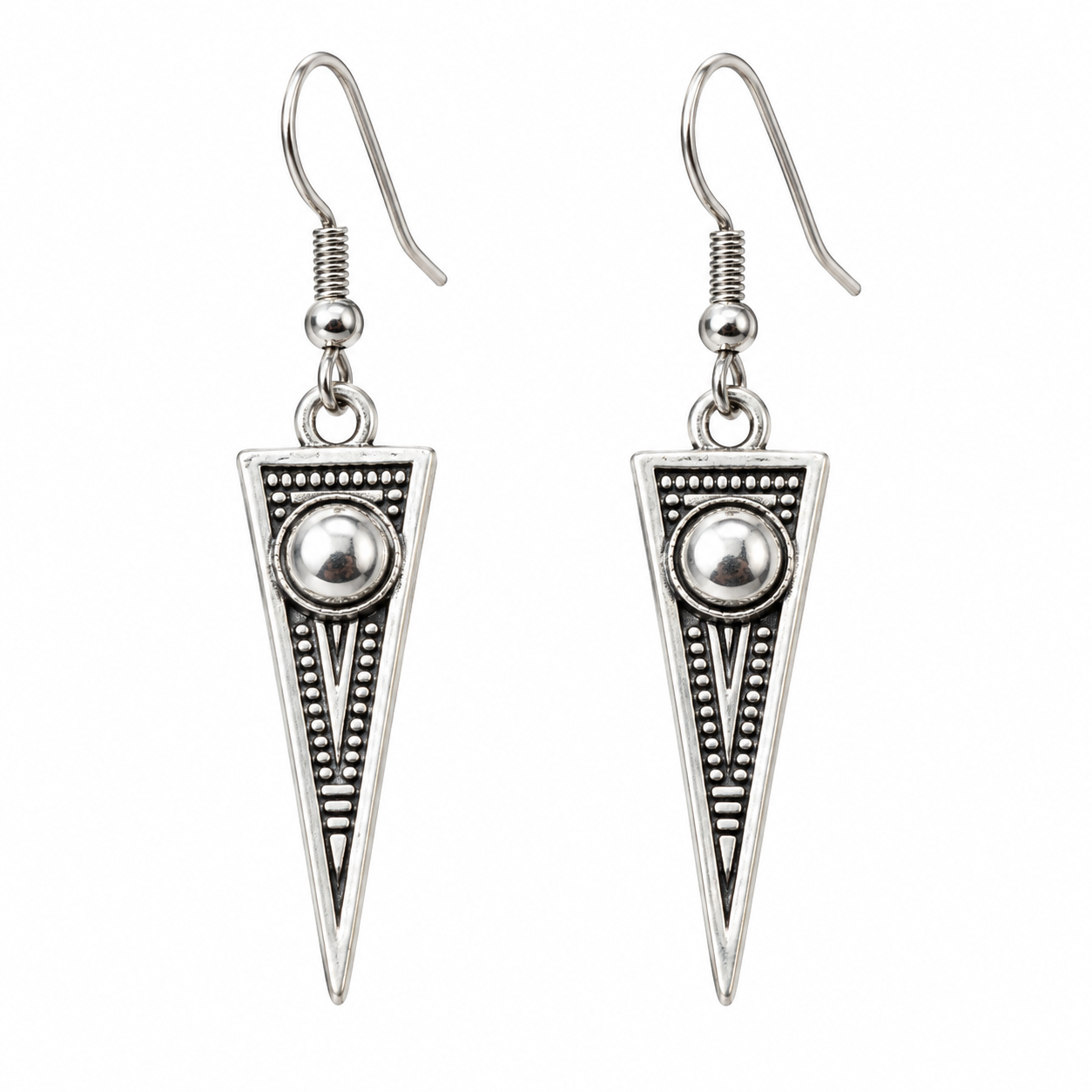 Amazigh Berber Forme Triangle Pendant Earrings with Silver Finish