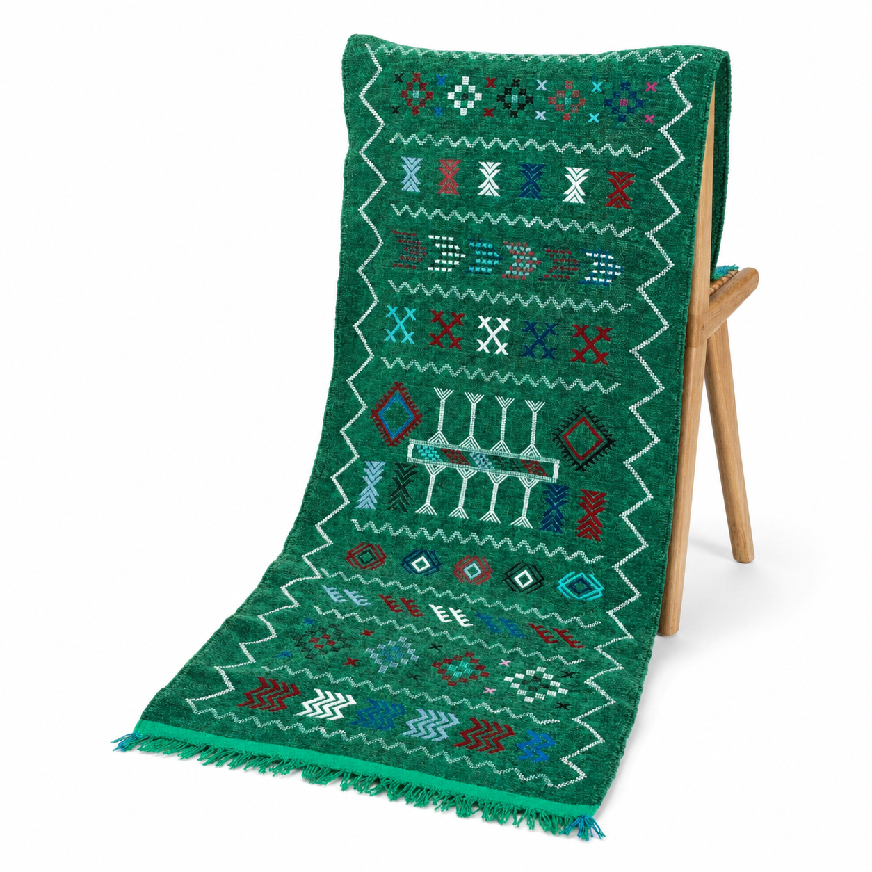 Amazigh Berber Green Handwoven Runner Rug with Geometric Patterns