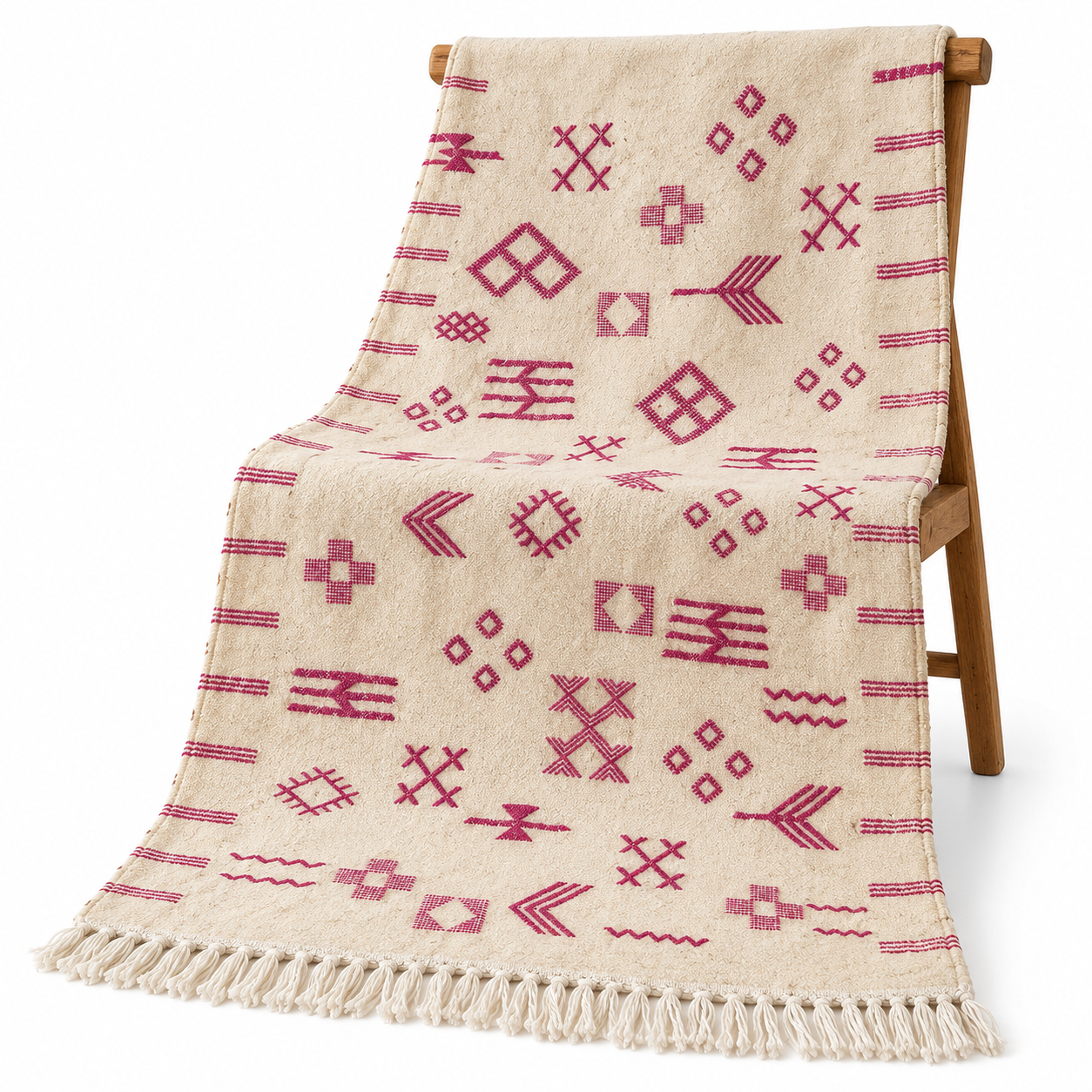 Amazigh Berber Hand-Woven Wool Rug with Pink Motifs