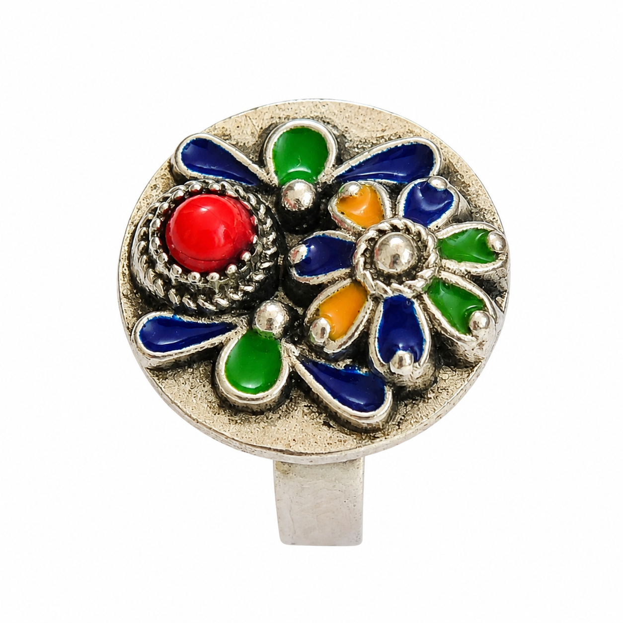 Amazigh Berber Kabyle Adjustable Silver Enamel Ring with Flower Motif