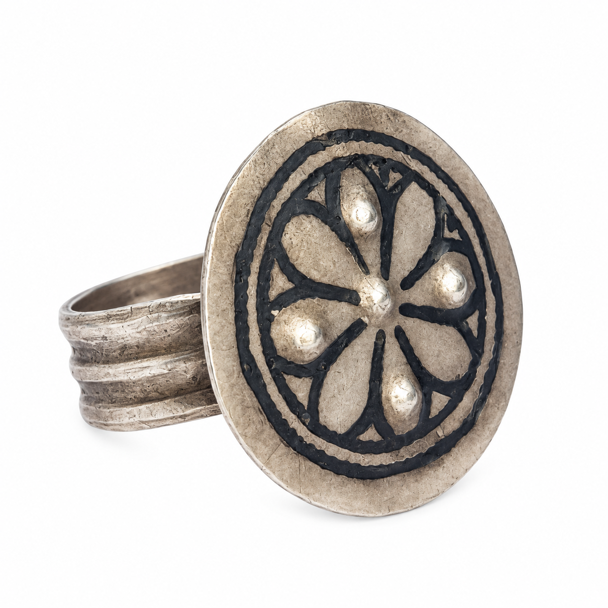Amazigh Berber Niello Flower Silver Antique Ring Size 10