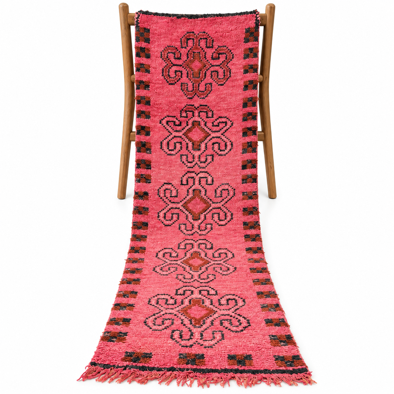 Amazigh Berber Pink Spiral Vintage Hand Knotted Wool Runner Rug