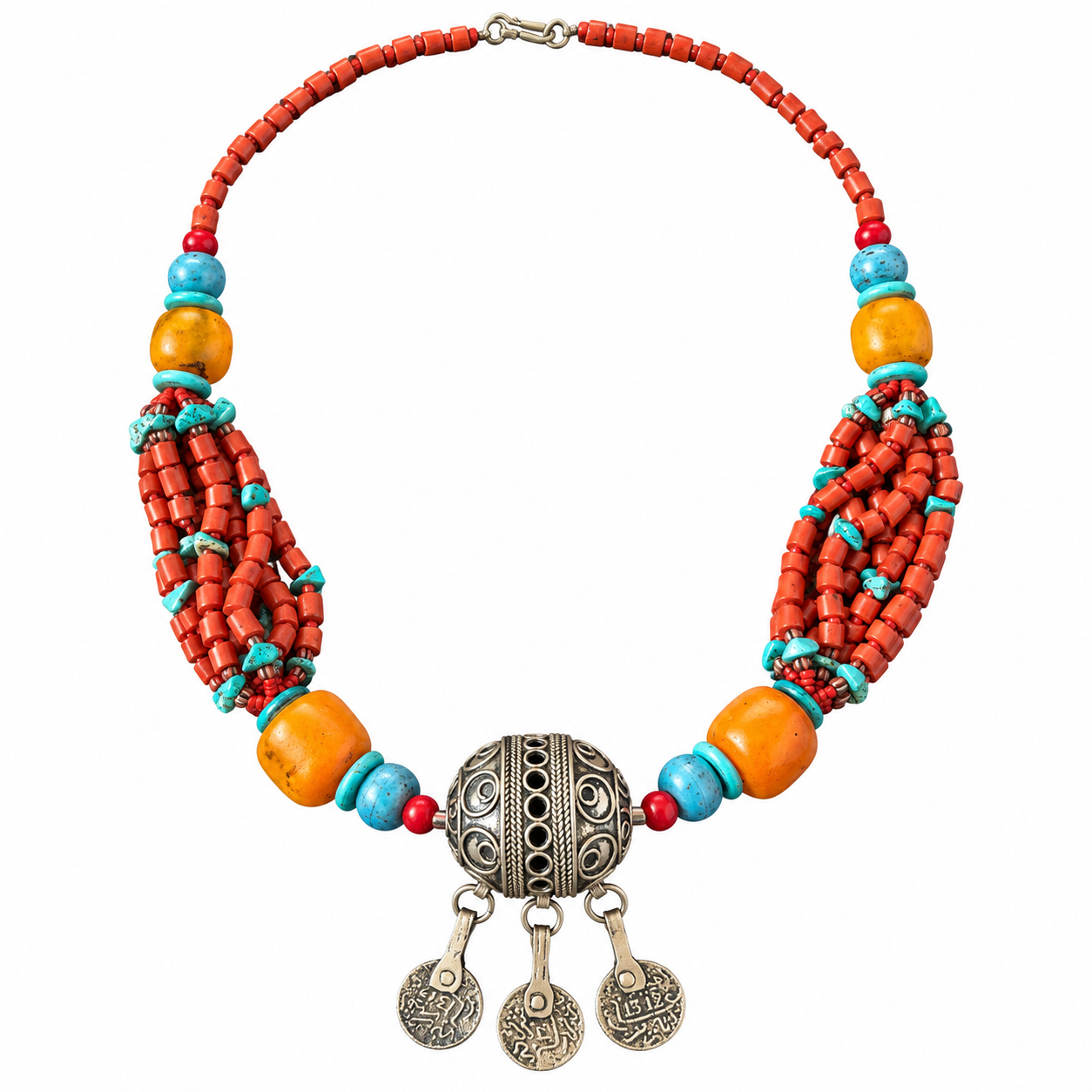 Amazigh Berber Tagmout Necklace with Coral Turquoise Copal Beads