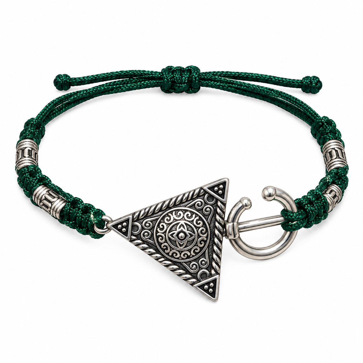 Amazigh Berber Triangle Stainless Steel Bracelet with Green Cord
