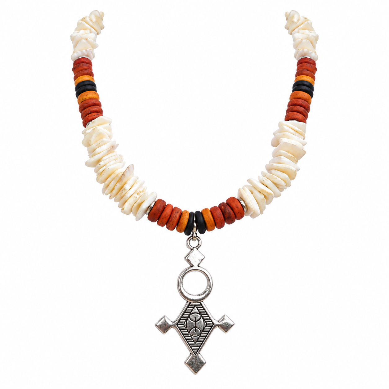 Amazigh Berber Tuareg Cross Necklace with Natural Shells and Beads