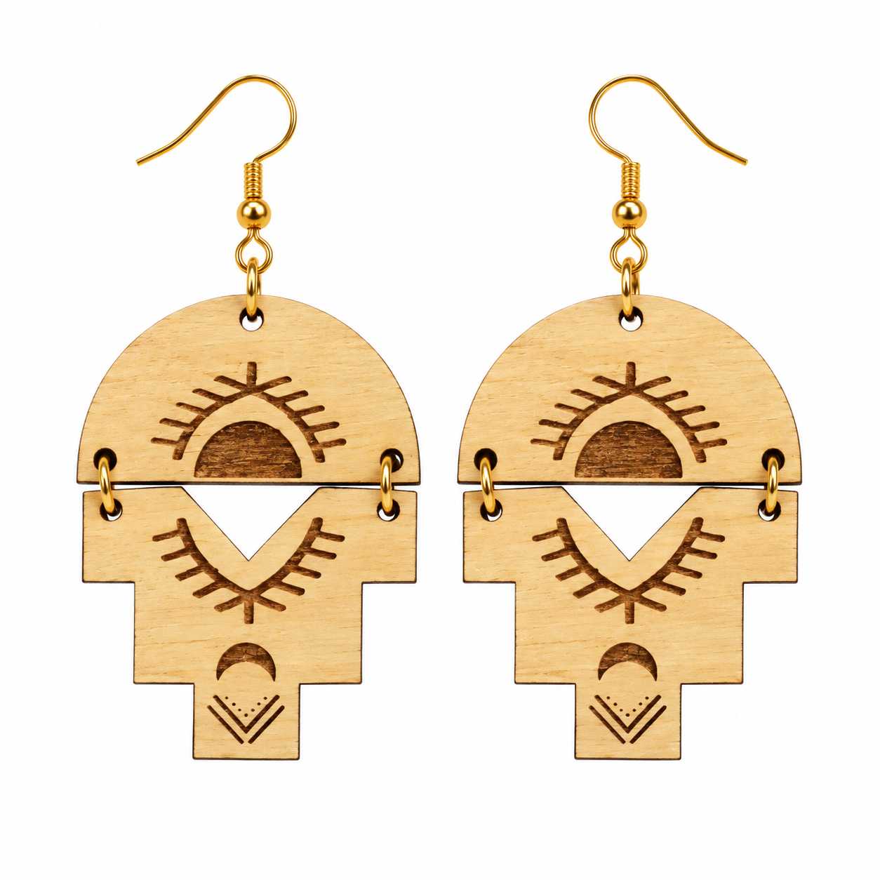 Amazigh Berber Wooden Earrings with Significant Protection Motifs