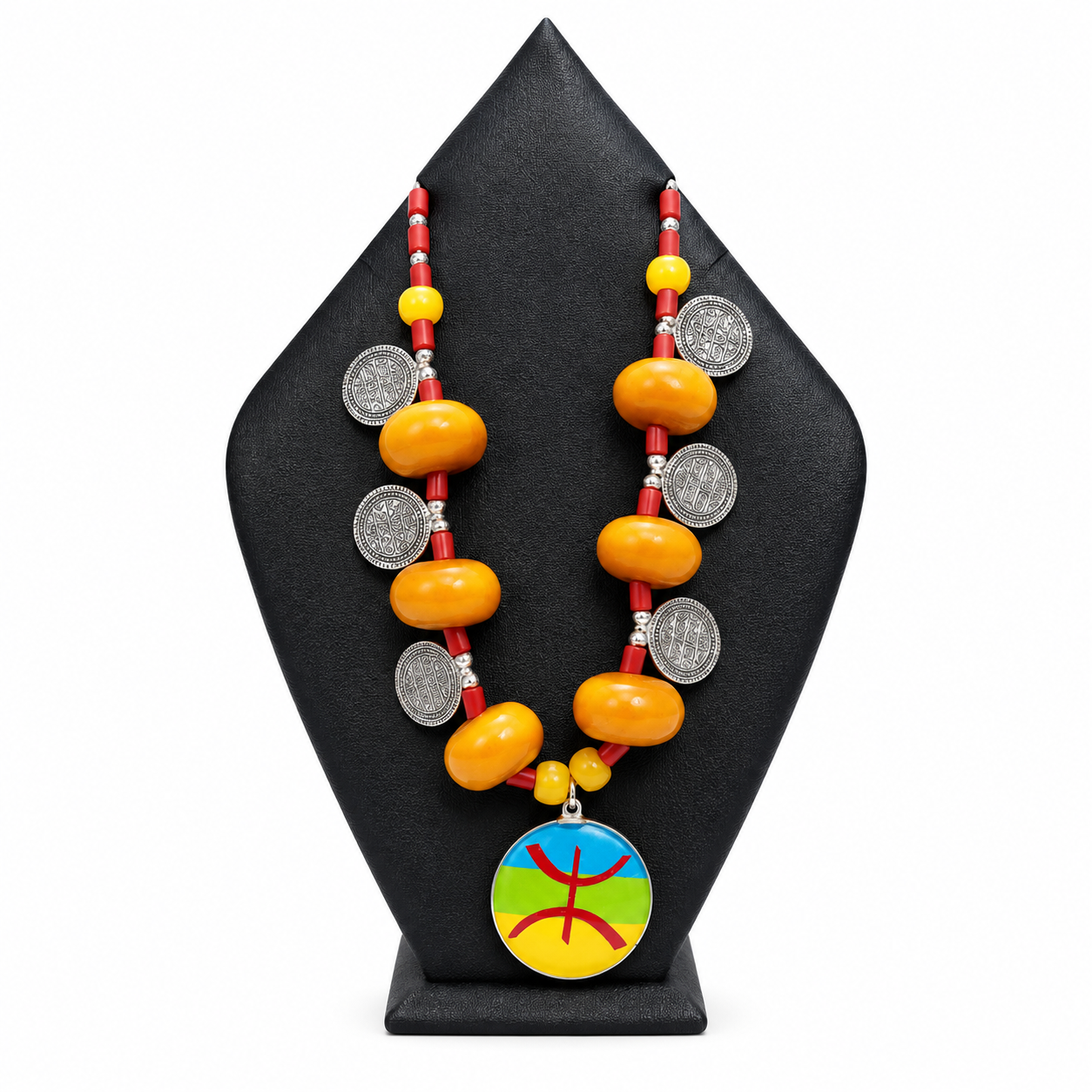 Amazigh Berber Yaz Symbol Necklace with Yellow Beads Silver Coins Pendant