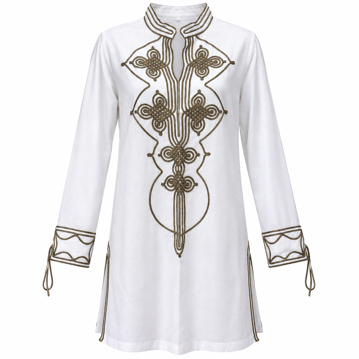 Amazigh Elegant Women’s Tunic with Gold Brown Embroidery White Cotton