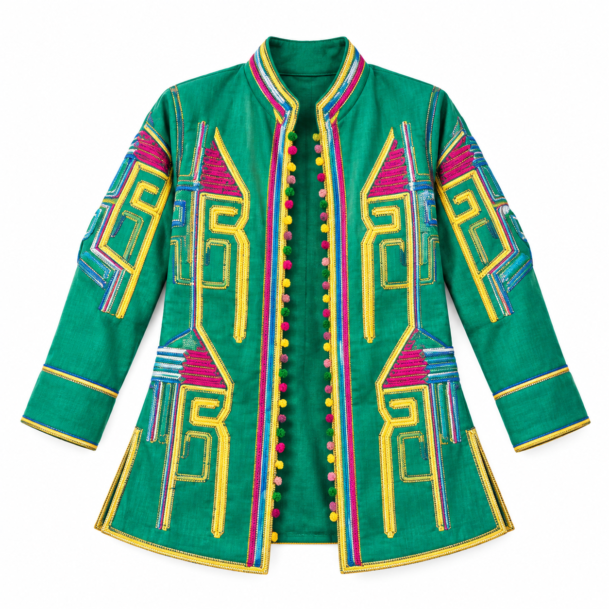 Amazigh Embroidered Green Linen Jacket Berber Boho Coat