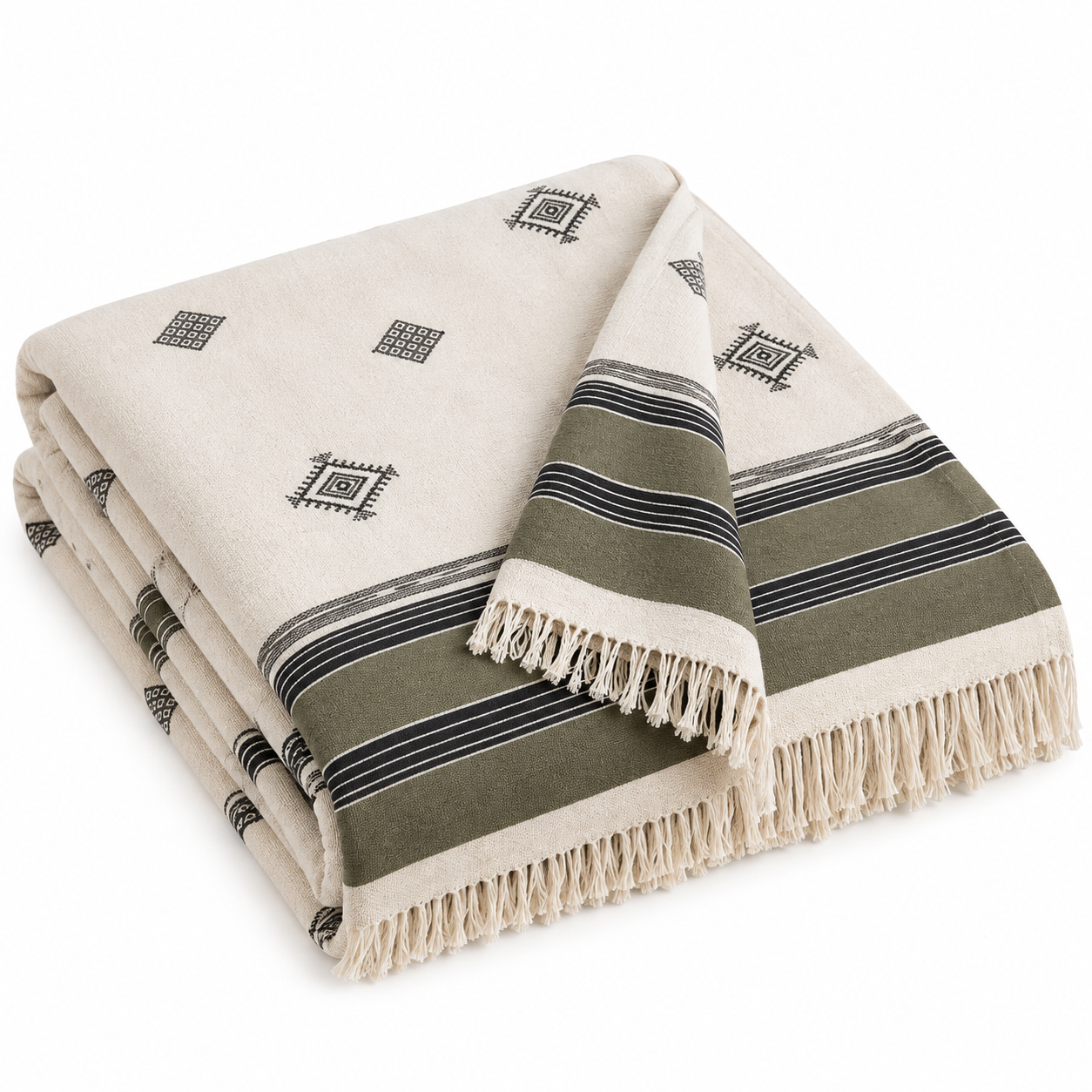 Amazigh Handwoven Cotton Blanket with Olive Border Bedspread Cover