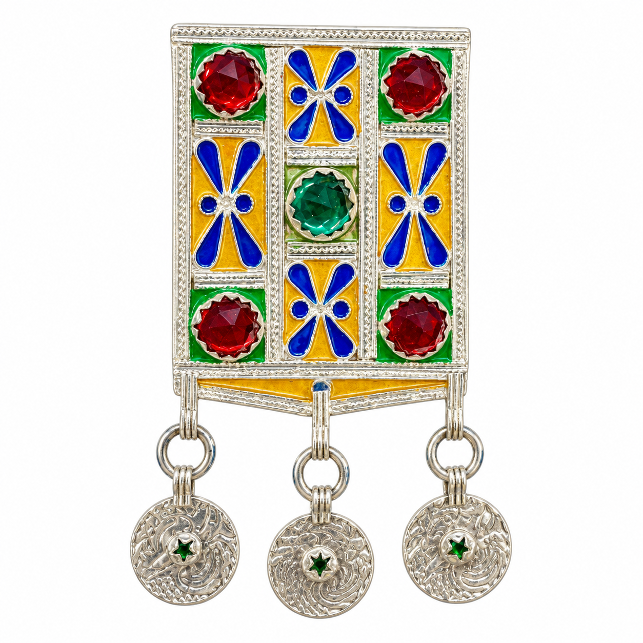 Amazigh Necklace with Colorful Berber Pendant and Dangling Metal Discs