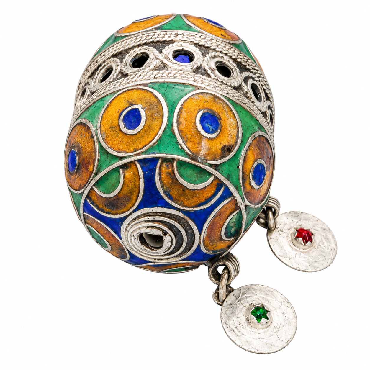 Amazigh Tagmout Antique Ovoid Pectoral Pendant Necklace with Enamel Coin Dangles