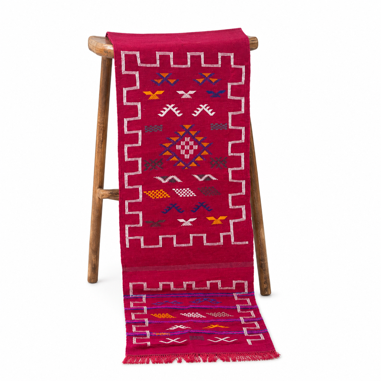 Amazigh Traditional Runner Rug Red Wool Geometric Borders