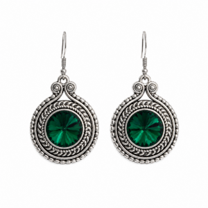 Amazigh Traditional Silver Plated Earrings with Green Stone