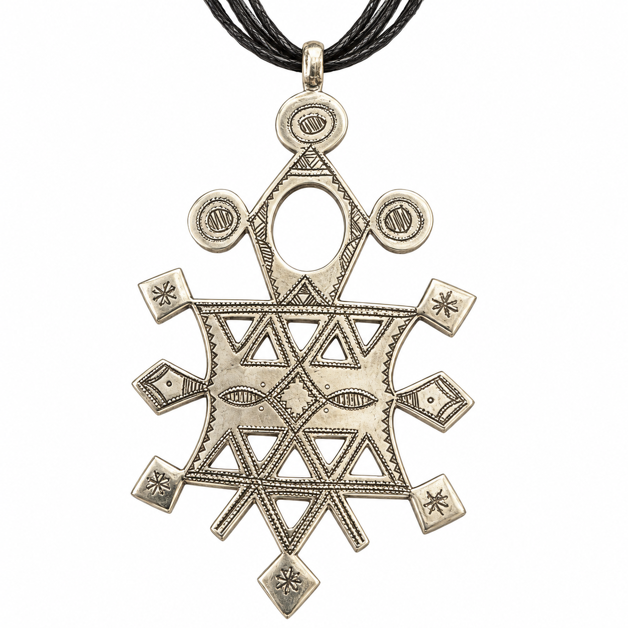 Amazigh Tuareg Silver Compass Cross Amulet rope Necklace