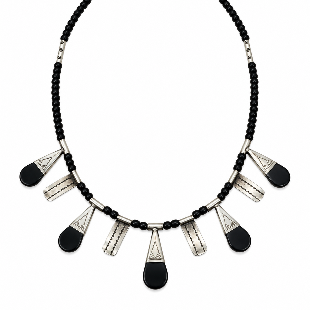Amazigh Tuareg Sterling Tear Onyx Bead Necklace with African Amulet Design