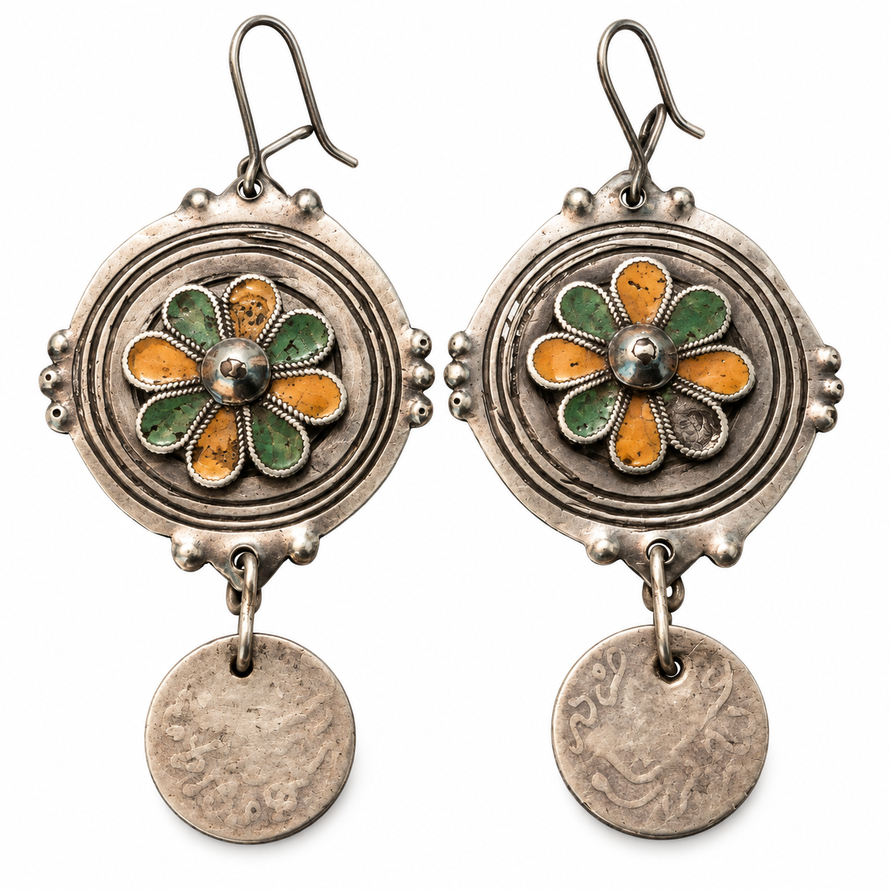 Antique Berber Enamel Earrings with Amazigh Silver Jewelry Style