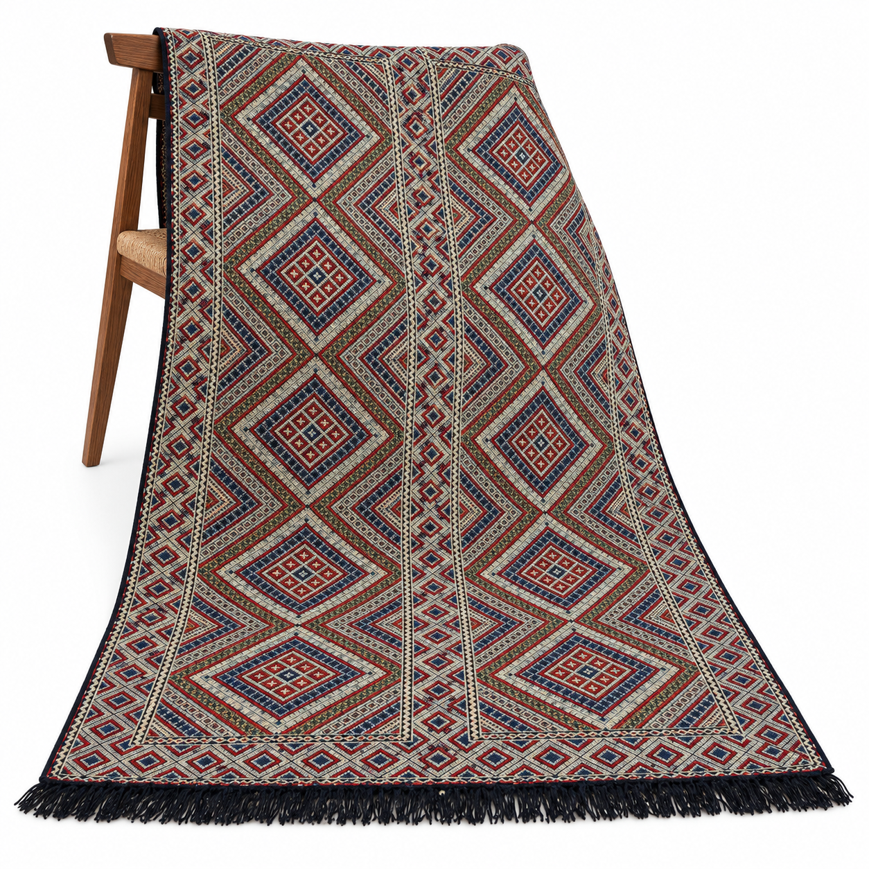 Berber Amazigh Beni Ourain Blue Geometric Wool Rug Handmade