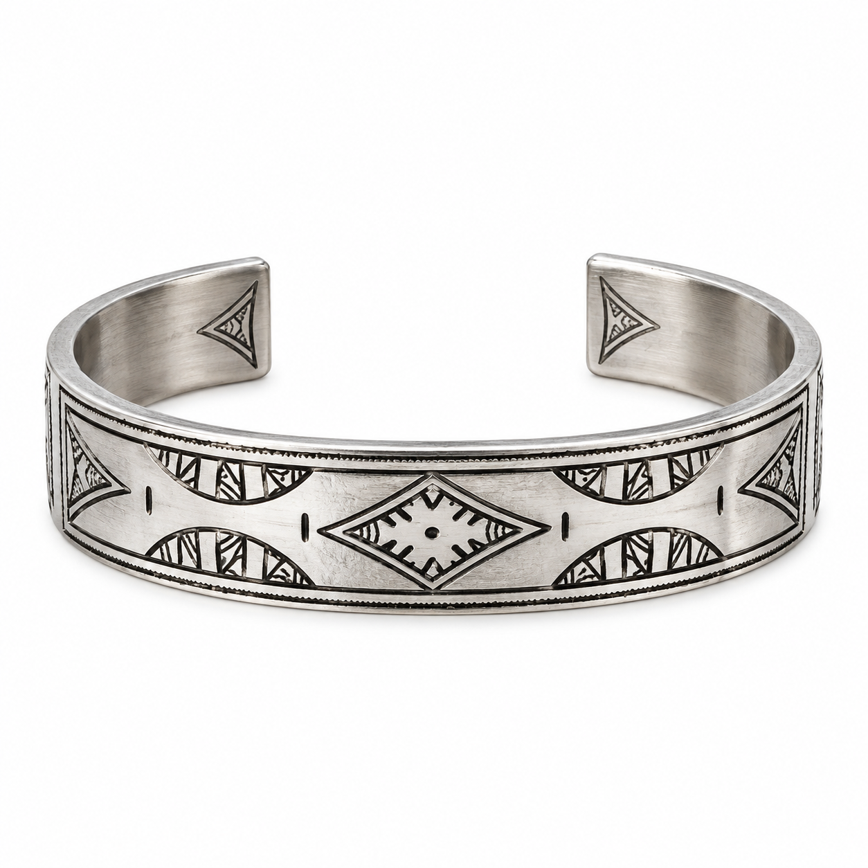 Berber Amazigh Engraved Silver-Toned Cuff Bracelet Minimal Unisex Style