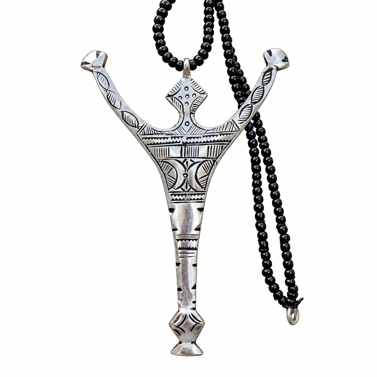 Berber Amazigh Handmade Tuareg Cross Necklace with Black Bead Chain
