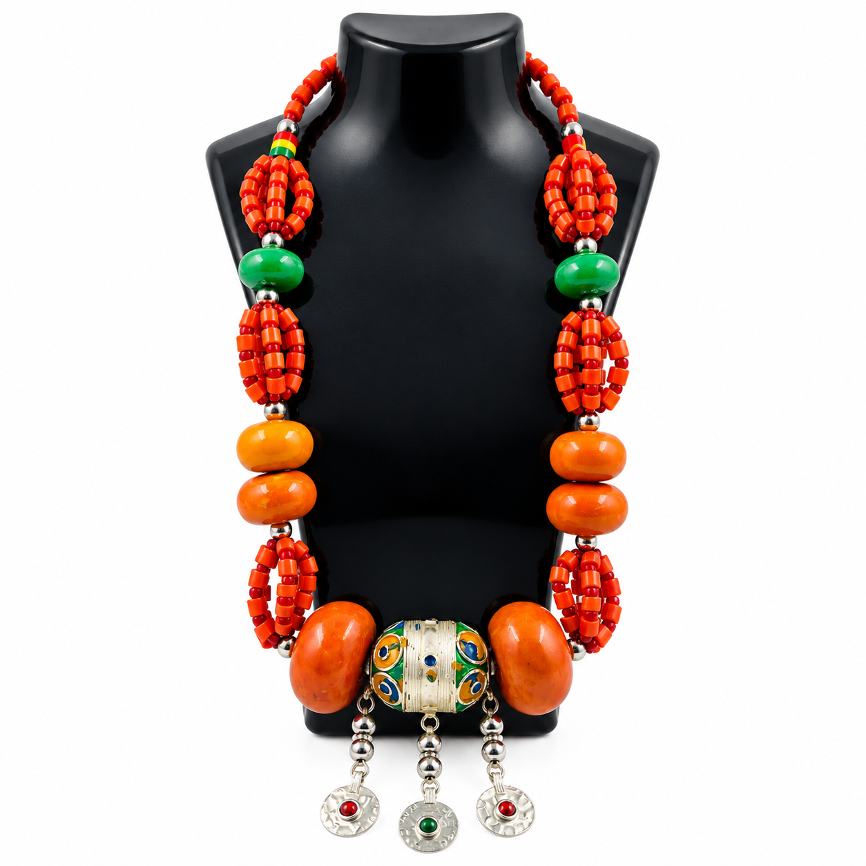 Berber Amazigh Resin Bead Statement Necklace Red Orange Green