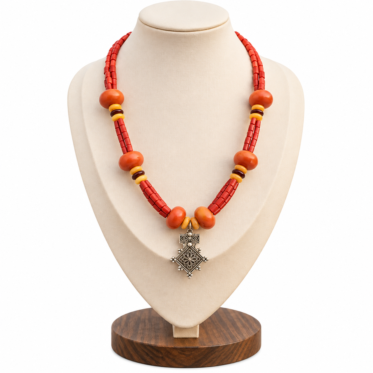 Berber Amazigh Souss Necklace with Synthetic Amber Beads and Plated Pendant