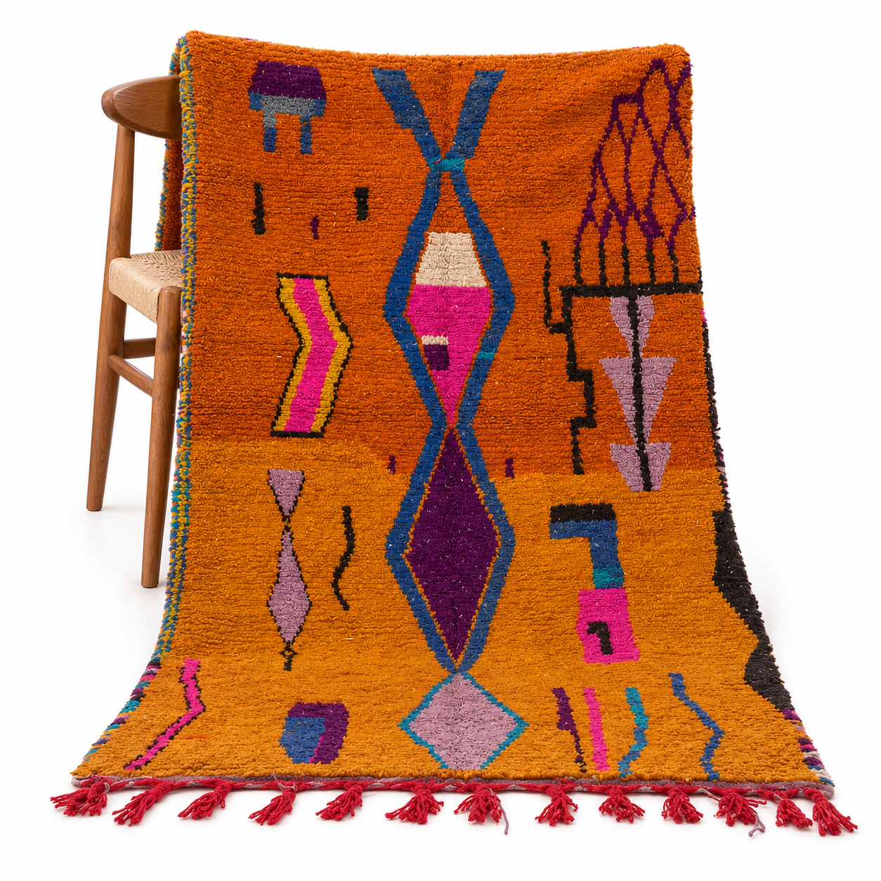 Berber Azilal Ochre Rust Diamond Wool Rug with Tribal Art Design