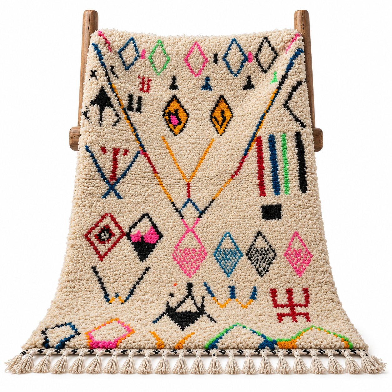Colorful Berber Amazigh Azilal Beni Ourain Wool Rug Tribal Design