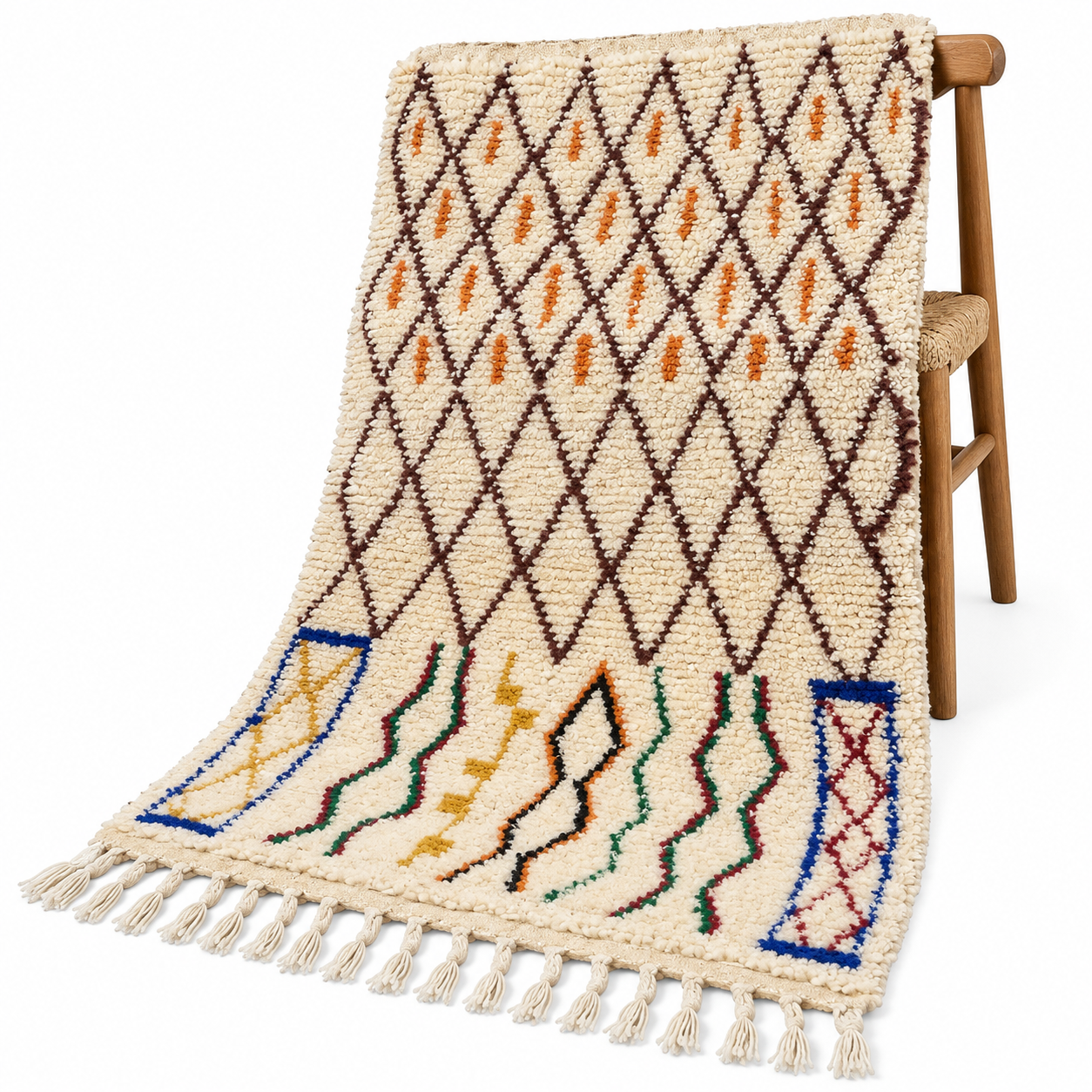 Emerald Green Amazigh Berber Handmade Wool Boujad Rug with Tribal Design