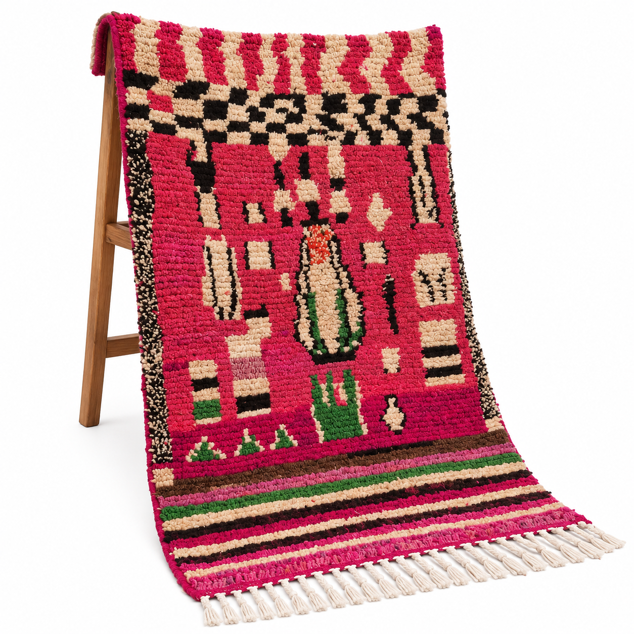 Fuchsia Pink Amazigh Berber Handmade Wool Boujad Rug with Mosaic Design
