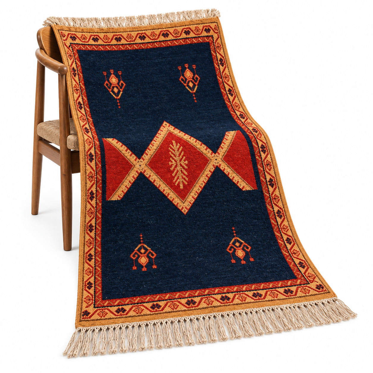 Hand-knotted Berber Amazigh Navy Diamond Rug with symbols believed to carry meaning