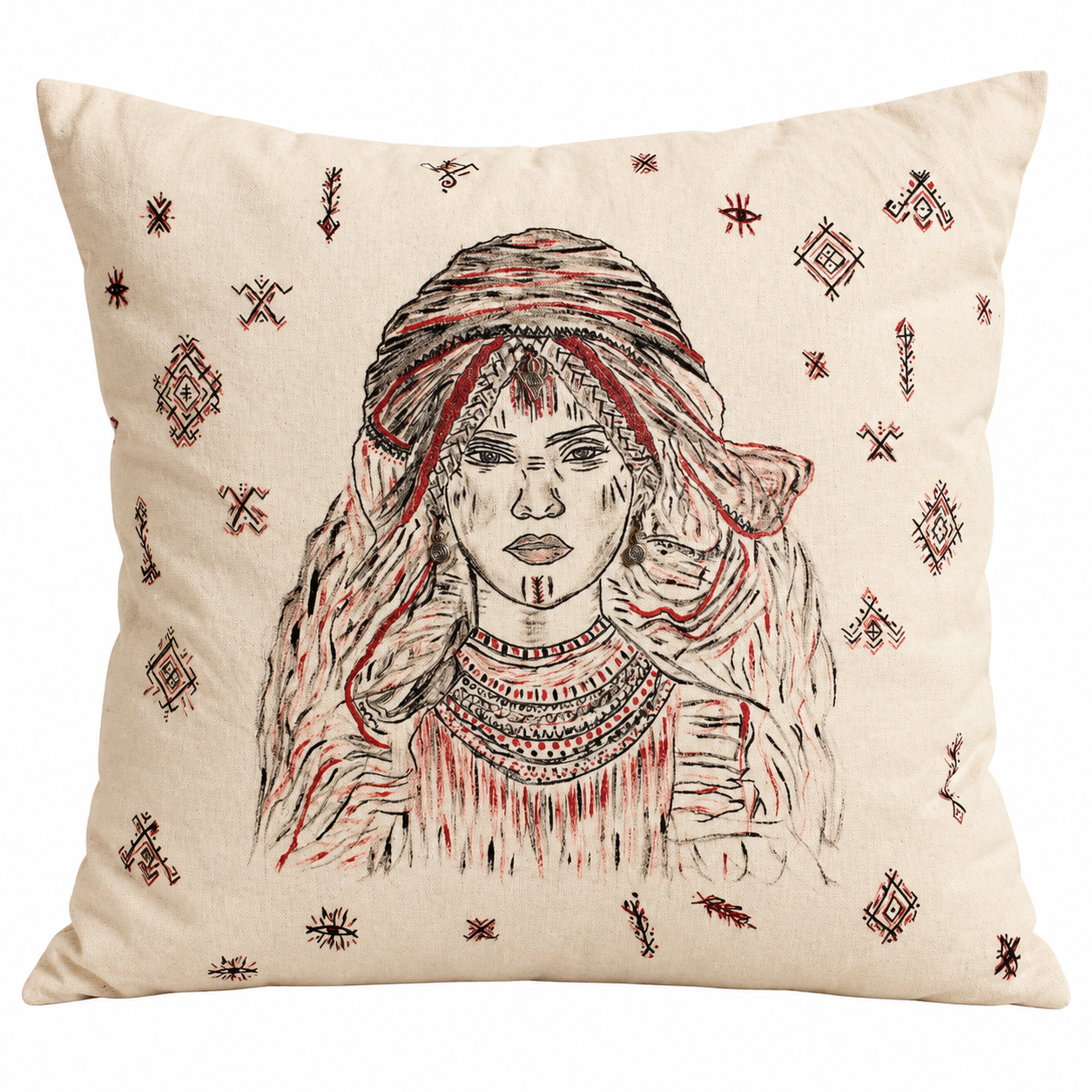 Hand-Painted Amazigh Berber Woman Portrait Pillow Cover Artwork