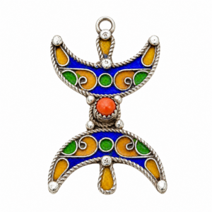 Handmade Tiznit Silver Amazigh Pendant Necklace with Berber Enamel Coral Design
