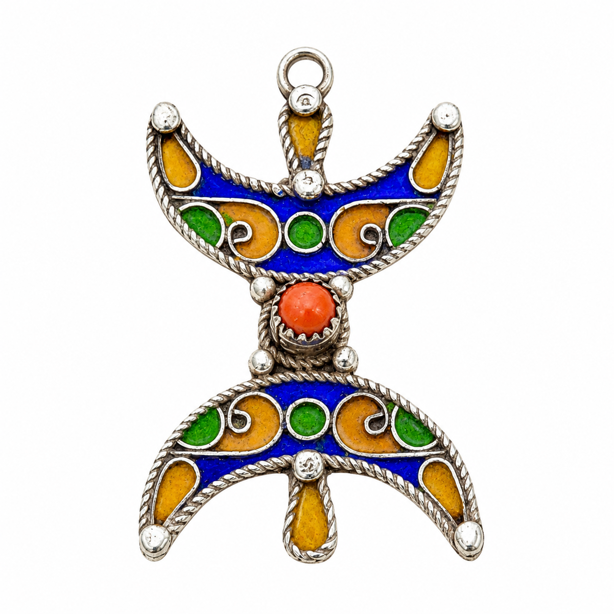 Handmade Tiznit Silver Amazigh Pendant Necklace with Berber Enamel Coral Design