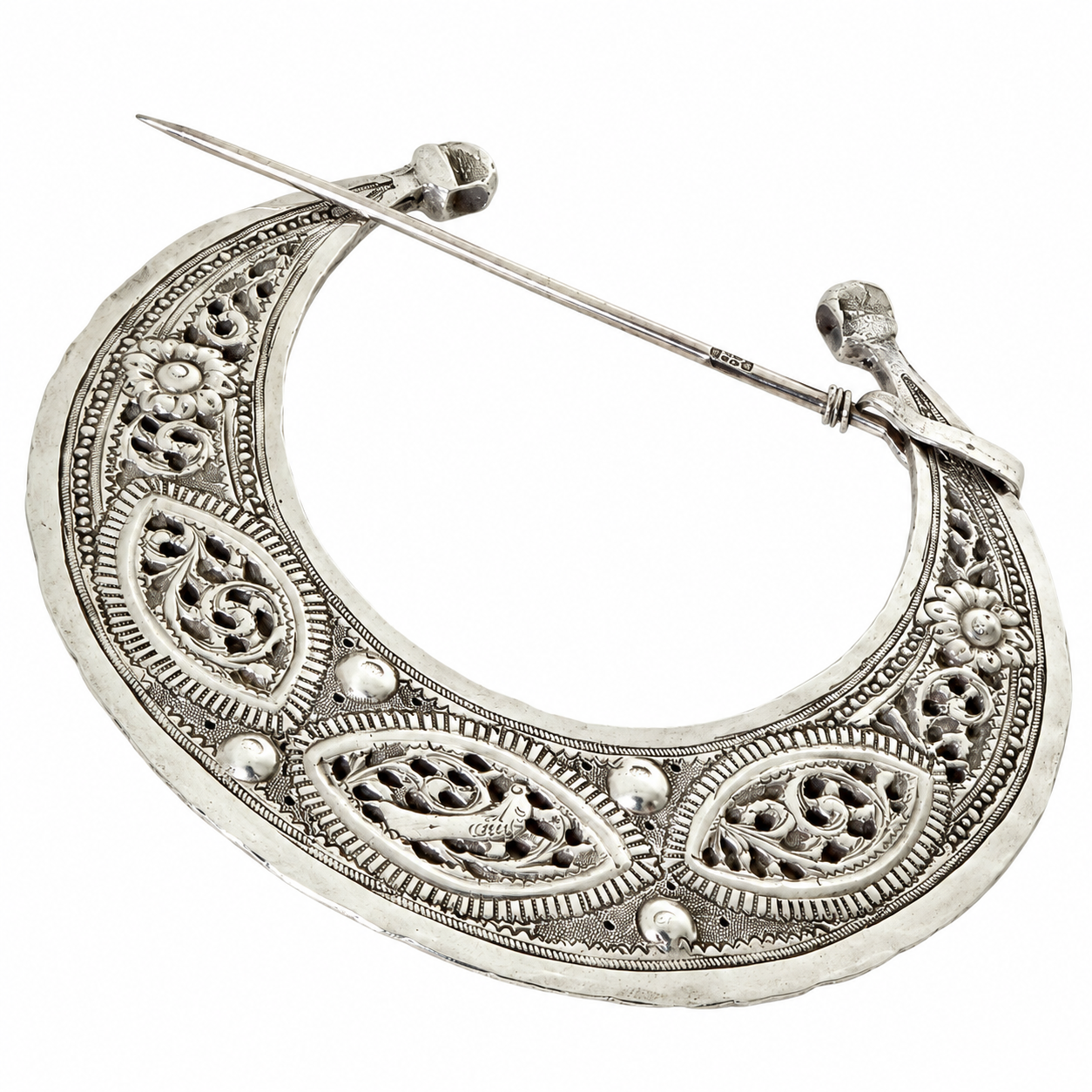 Large Amazigh Berber Early 20th Century Hand-Hammered Crescent Fibula