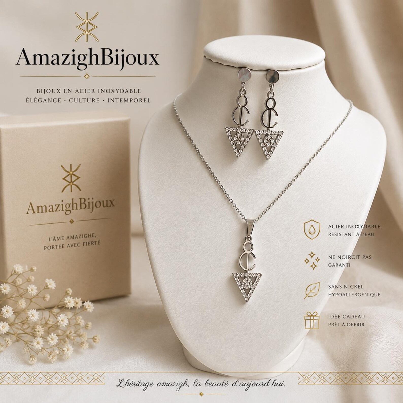 Amazigh Berber Tizerzit Fibula Inspired Zircon Stone Necklace