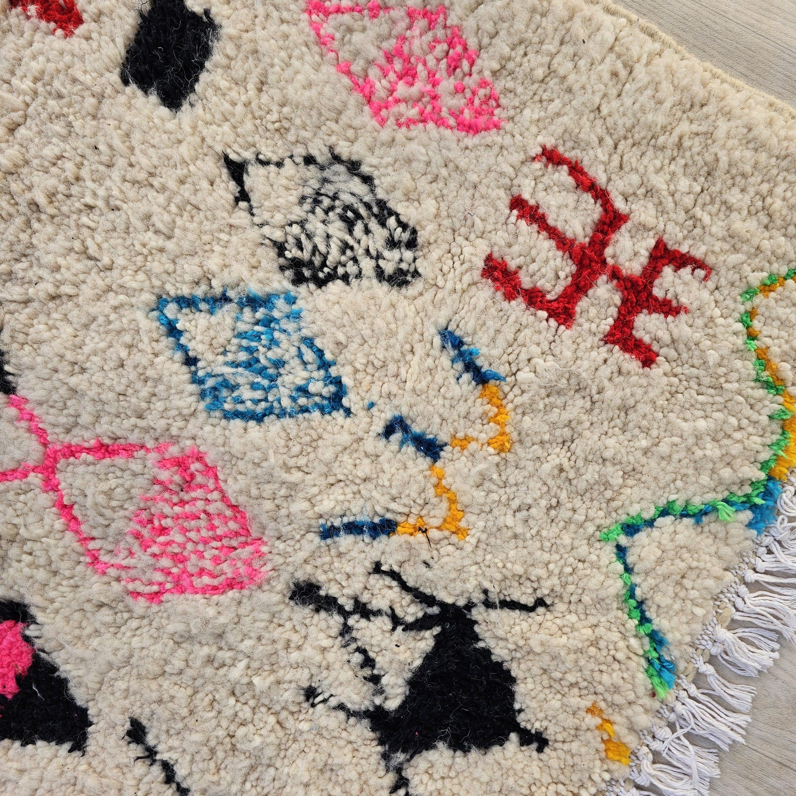 Colorful Berber Amazigh Azilal Beni Ourain Wool Rug Tribal Design