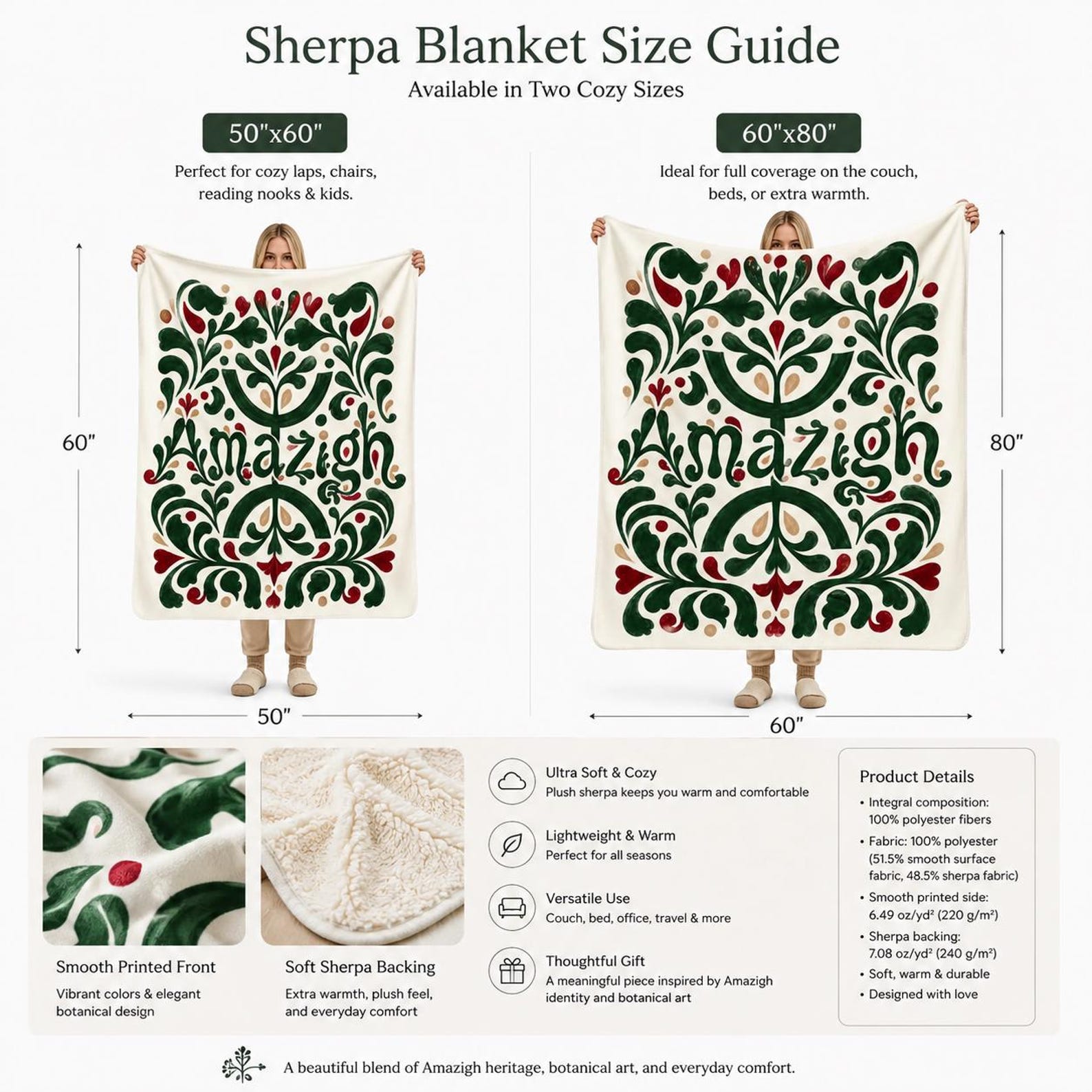 Amazigh Berber Botanical Sherpa Folk Art Blanket Throw