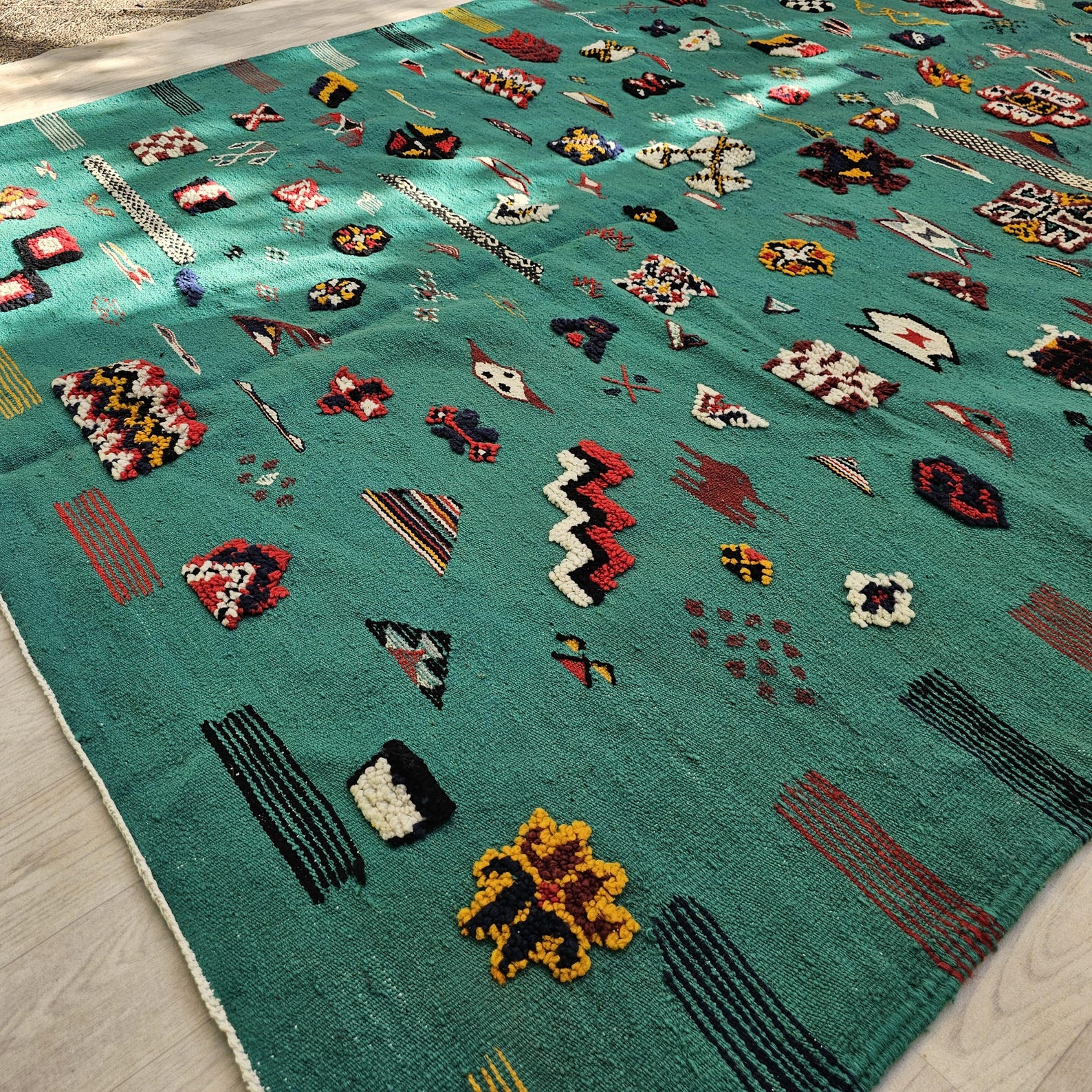 Amazigh Berber Colorful Teal Wool Rug with Tribal Symbols